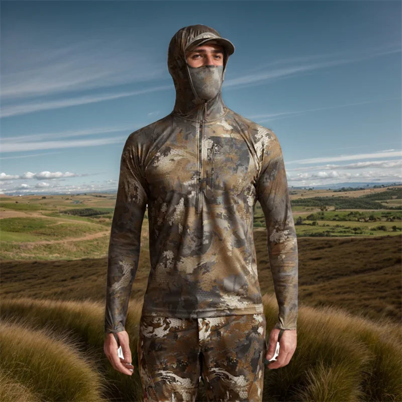Core Lightweight Camouflage Hoodie Pullover Mask T-Shirt for Hunting Fishing - Breathable Outdoor Camo Clothing