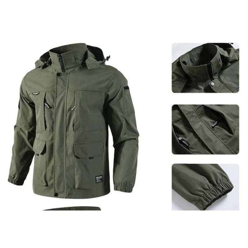 Mens Tactical Sets Spring Autumn Fleece Lined Detachable Hat Outdoor Hiking Workwear Combat Training Hunting Military Suit Men