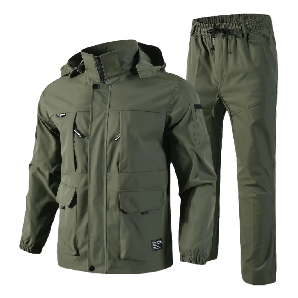 Mens Tactical Sets Spring Autumn Fleece Lined Detachable Hat Outdoor Hiking Workwear Combat Training Hunting Military Suit Men