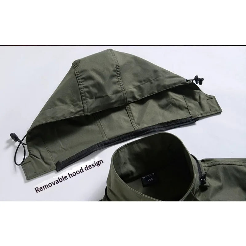 Mens Tactical Sets Spring Autumn Fleece Lined Detachable Hat Outdoor Hiking Workwear Combat Training Hunting Military Suit Men