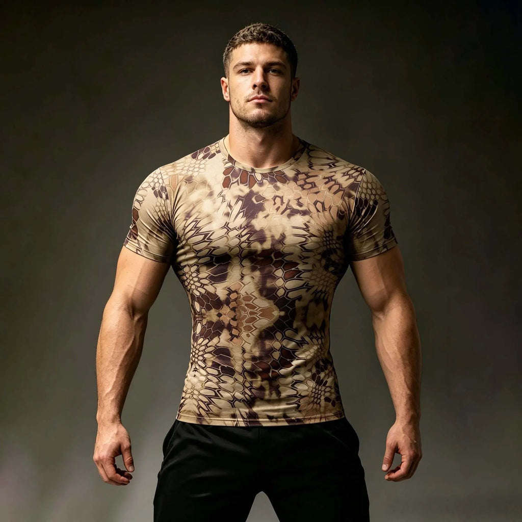 Men Digital Jungle Camo Fitted Tactical T Shirt Stretch Sweat Resistant Short Sleeve Hunting Gym Muscle Training Tops