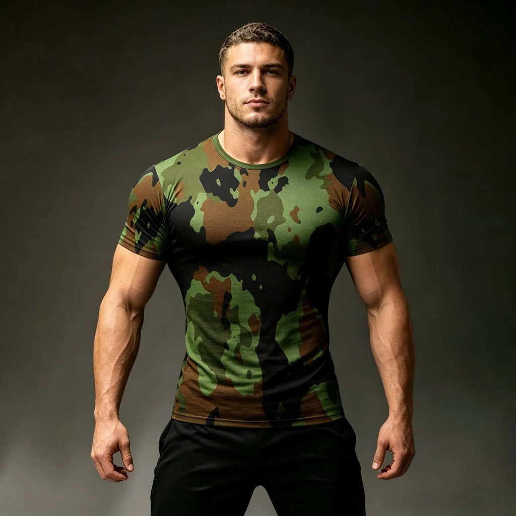 Men Digital Jungle Camo Fitted Tactical T Shirt Stretch Sweat Resistant Short Sleeve Hunting Gym Muscle Training Tops