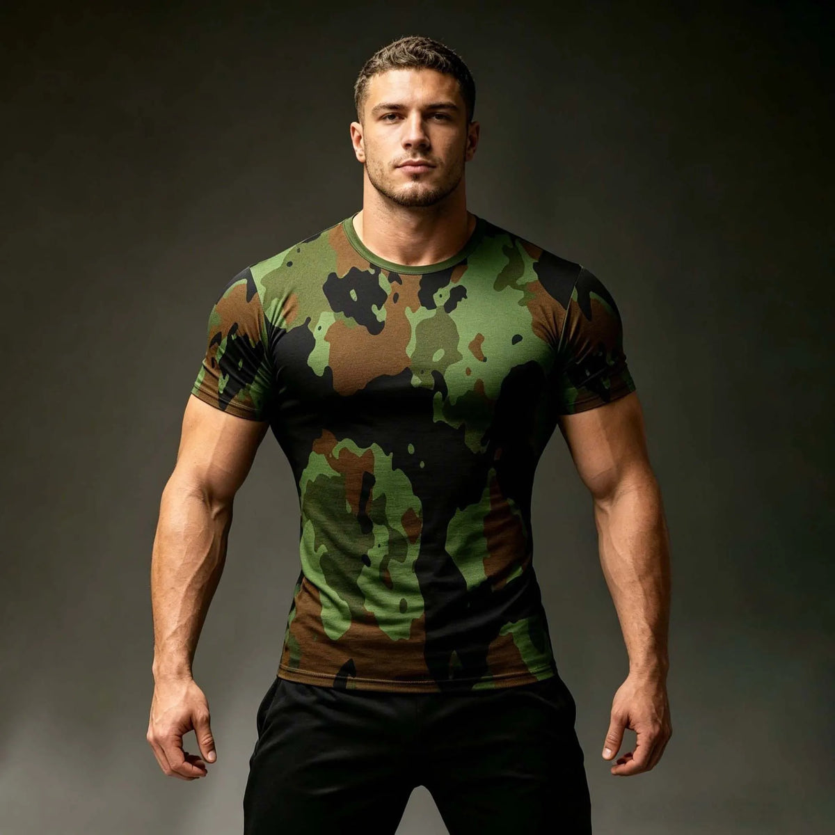 Men Digital Jungle Camo Fitted Tactical T Shirt Stretch Sweat Resistant Short Sleeve Hunting Gym Muscle Training Tops