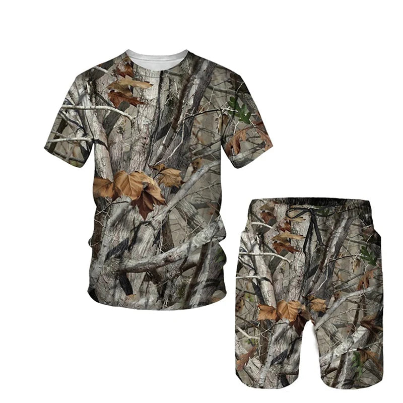 New Camouflage Hunting T-Shirts Sets Maple Leafs 3D Print Men's Tracksuit Streetwear T Shirt Shorts 2 Piece Kids Suits Clothing