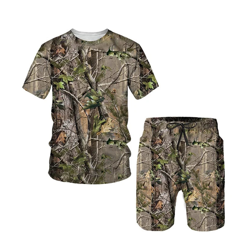 New Camouflage Hunting T-Shirts Sets Maple Leafs 3D Print Men's Tracksuit Streetwear T Shirt Shorts 2 Piece Kids Suits Clothing