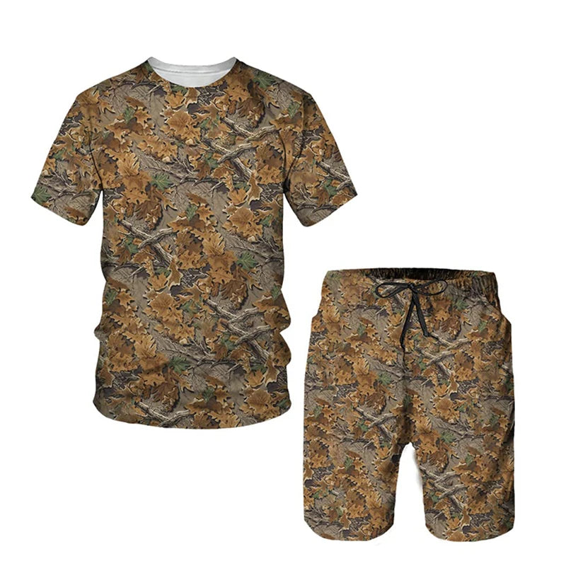 New Camouflage Hunting T-Shirts Sets Maple Leafs 3D Print Men's Tracksuit Streetwear T Shirt Shorts 2 Piece Kids Suits Clothing