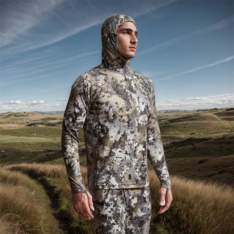 Core Lightweight Camouflage Hoodie Pullover Mask T-Shirt for Hunting Fishing - Breathable Outdoor Camo Clothing