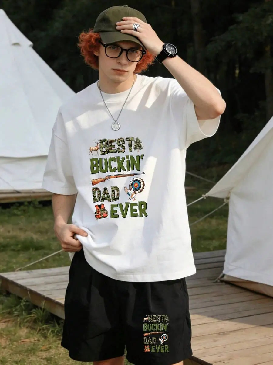 Men's Best Buckin' Dad Ever 2 Piece Outfit, Hunting Gear And Deer Graphic Short Sleeve White T-Shirt And Elastic Waist Black