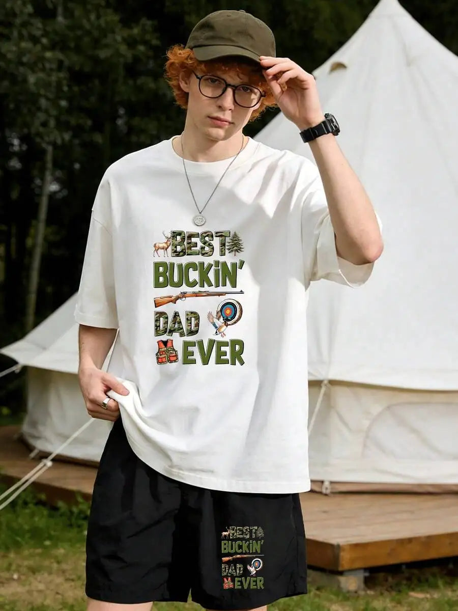 Men's Best Buckin' Dad Ever 2 Piece Outfit, Hunting Gear And Deer Graphic Short Sleeve White T-Shirt And Elastic Waist Black