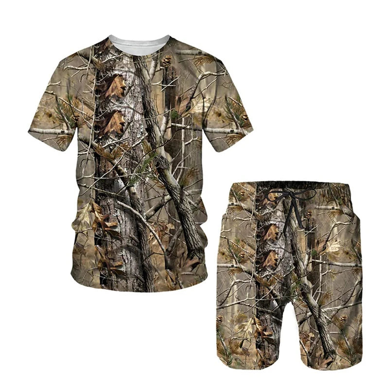 New Camouflage Hunting T-Shirts Sets Maple Leafs 3D Print Men's Tracksuit Streetwear T Shirt Shorts 2 Piece Kids Suits Clothing
