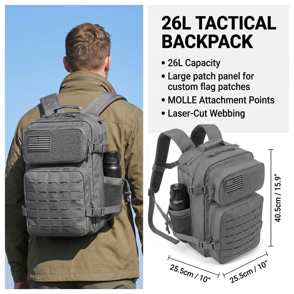 26L Tactical Hunting Backpack for Men with Dual Cup Holders, MOLLE Outdoor Hiking Rucksack for Deer Bow Archery Elk Duck Waterfowl Hunting, Camping Travel Gear Storage Bag