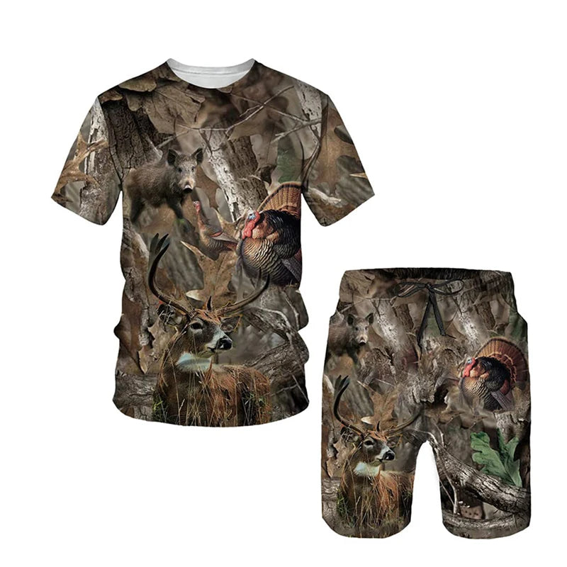 New Camouflage Hunting T-Shirts Sets Maple Leafs 3D Print Men's Tracksuit Streetwear T Shirt Shorts 2 Piece Kids Suits Clothing