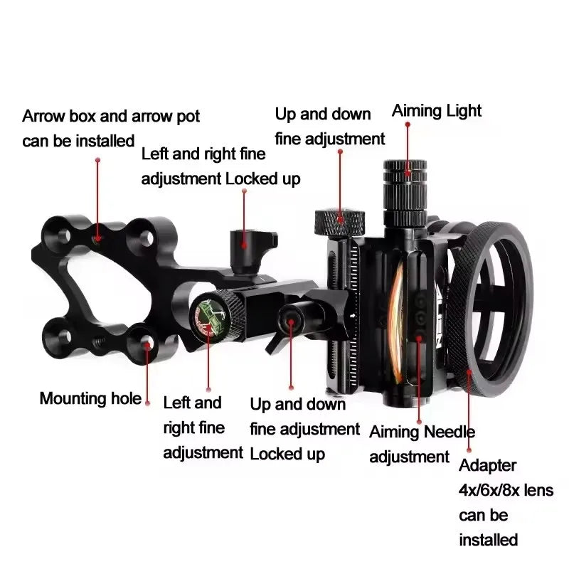 Archery Compound Bow Sight 2X/4X/6X/8X Lens 5pin 0.019" Optical Fiber Adjustable CNC Aluminum Alloy Shooting Hunting Aim Target