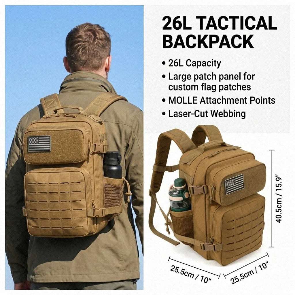 26L Tactical Hunting Backpack for Men with Dual Cup Holders, MOLLE Outdoor Hiking Rucksack for Deer Bow Archery Elk Duck Waterfowl Hunting, Camping Travel Gear Storage Bag
