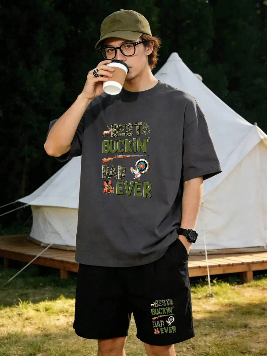 Men's Best Buckin' Dad Ever 2 Piece Outfit, Hunting Gear And Deer Graphic Short Sleeve White T-Shirt And Elastic Waist Black