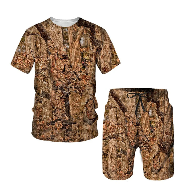 New Camouflage Hunting T-Shirts Sets Maple Leafs 3D Print Men's Tracksuit Streetwear T Shirt Shorts 2 Piece Kids Suits Clothing