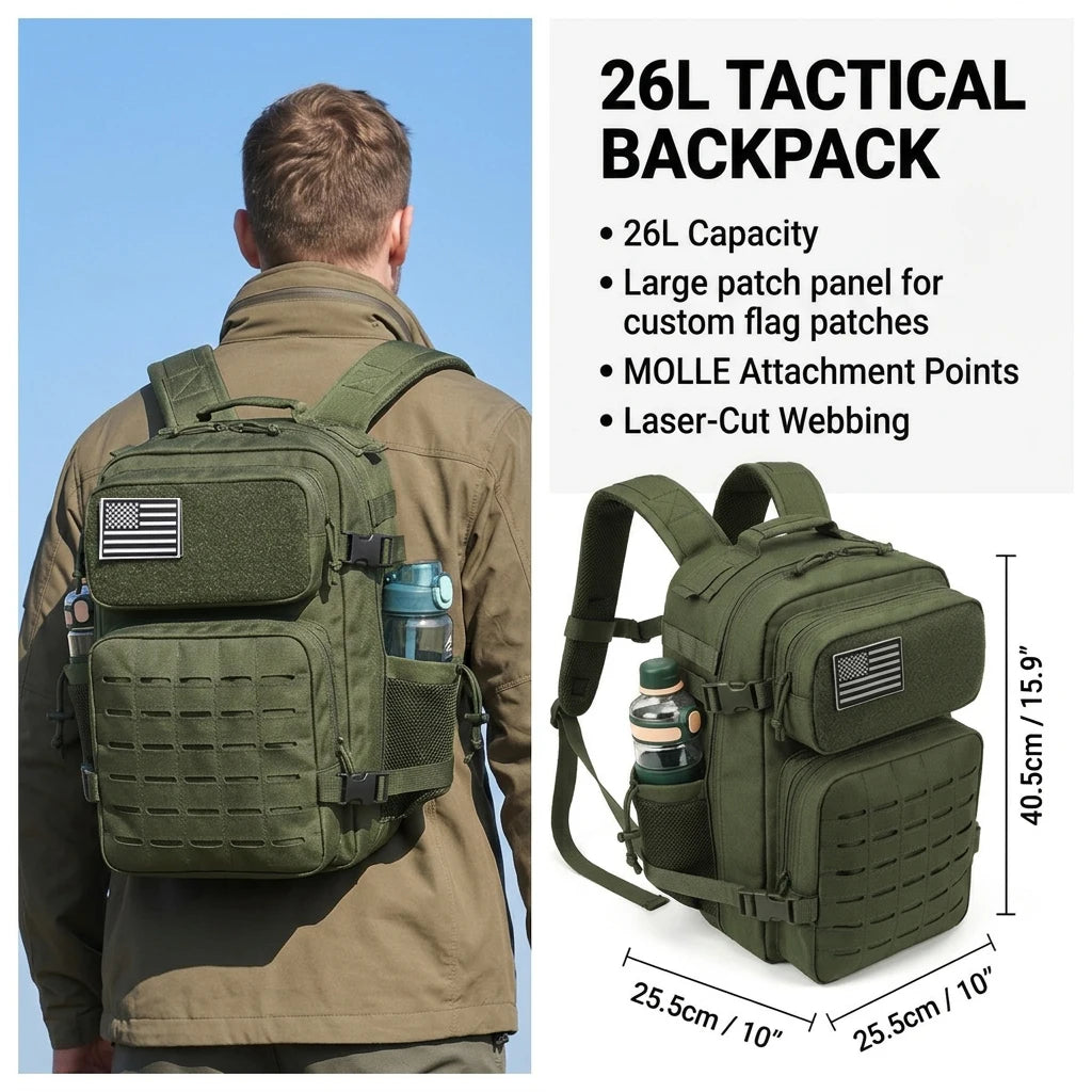 26L Tactical Hunting Backpack for Men with Dual Cup Holders, MOLLE Outdoor Hiking Rucksack for Deer Bow Archery Elk Duck Waterfowl Hunting, Camping Travel Gear Storage Bag