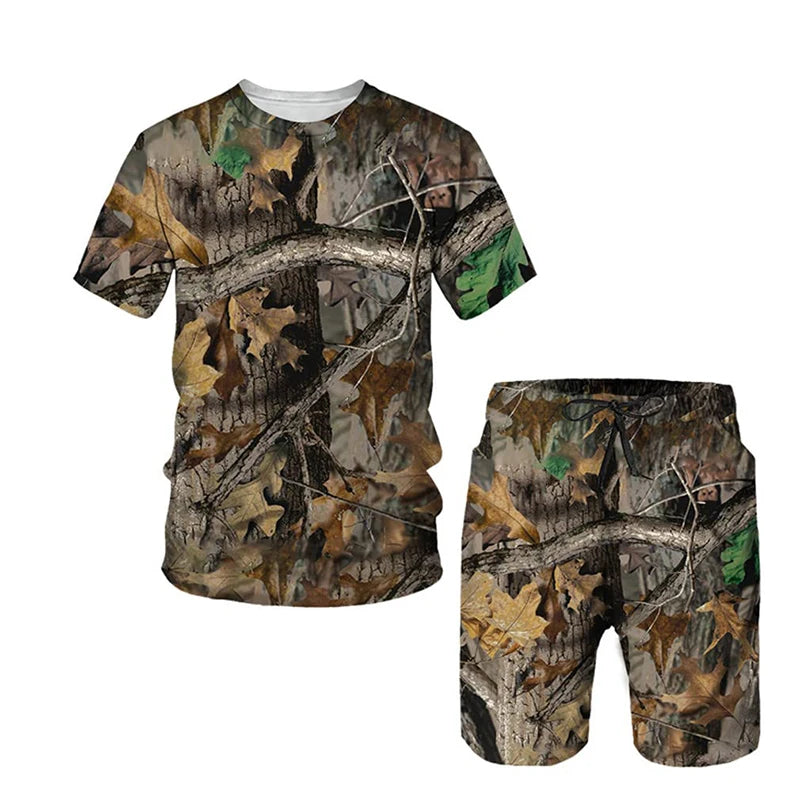 New Camouflage Hunting T-Shirts Sets Maple Leafs 3D Print Men's Tracksuit Streetwear T Shirt Shorts 2 Piece Kids Suits Clothing