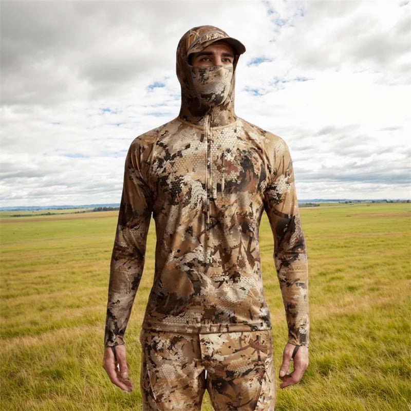 Core Lightweight Camouflage Hoodie Pullover Mask T-Shirt for Hunting Fishing - Breathable Outdoor Camo Clothing